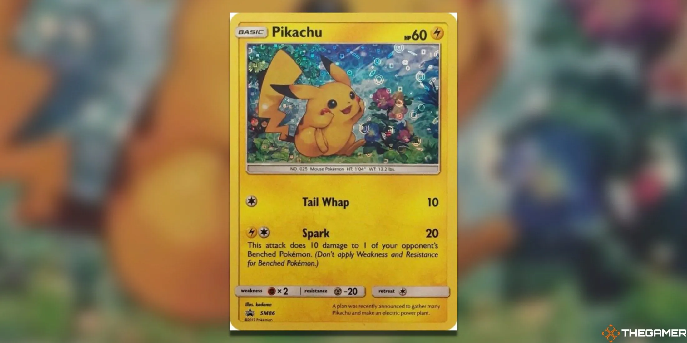 Thẻ bài Pokemon TCG Pikachu SM86 General Mills, lá bài giá trị nhất, cho thấy Pikachu đang tò mò ngắm hoa với biểu cảm hạnh phúc.