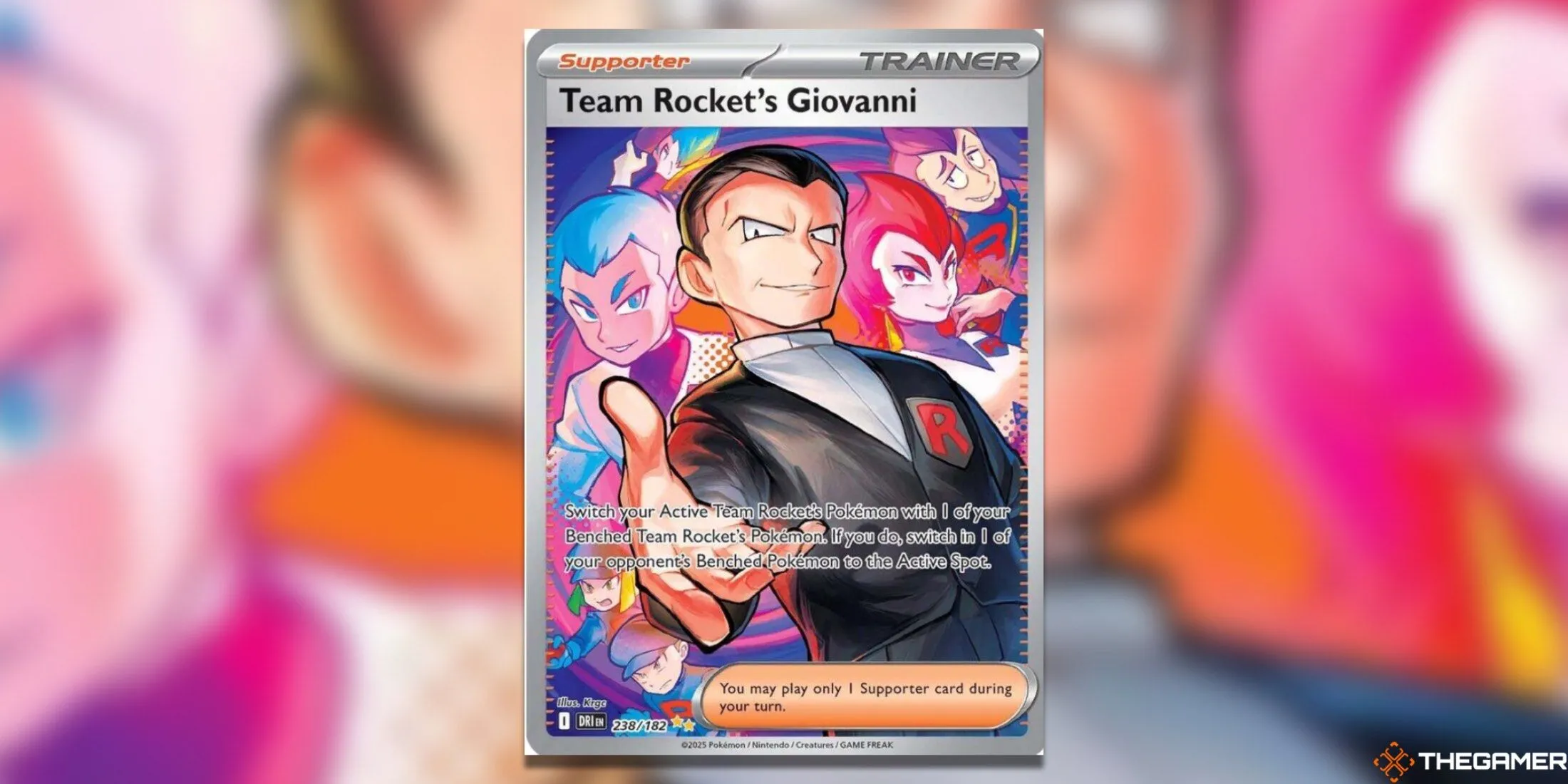 Thẻ bài Team Rocket's Giovanni Special Illustration Rare với Archer và Ariana trong Pokemon TCG Destined Rivals.