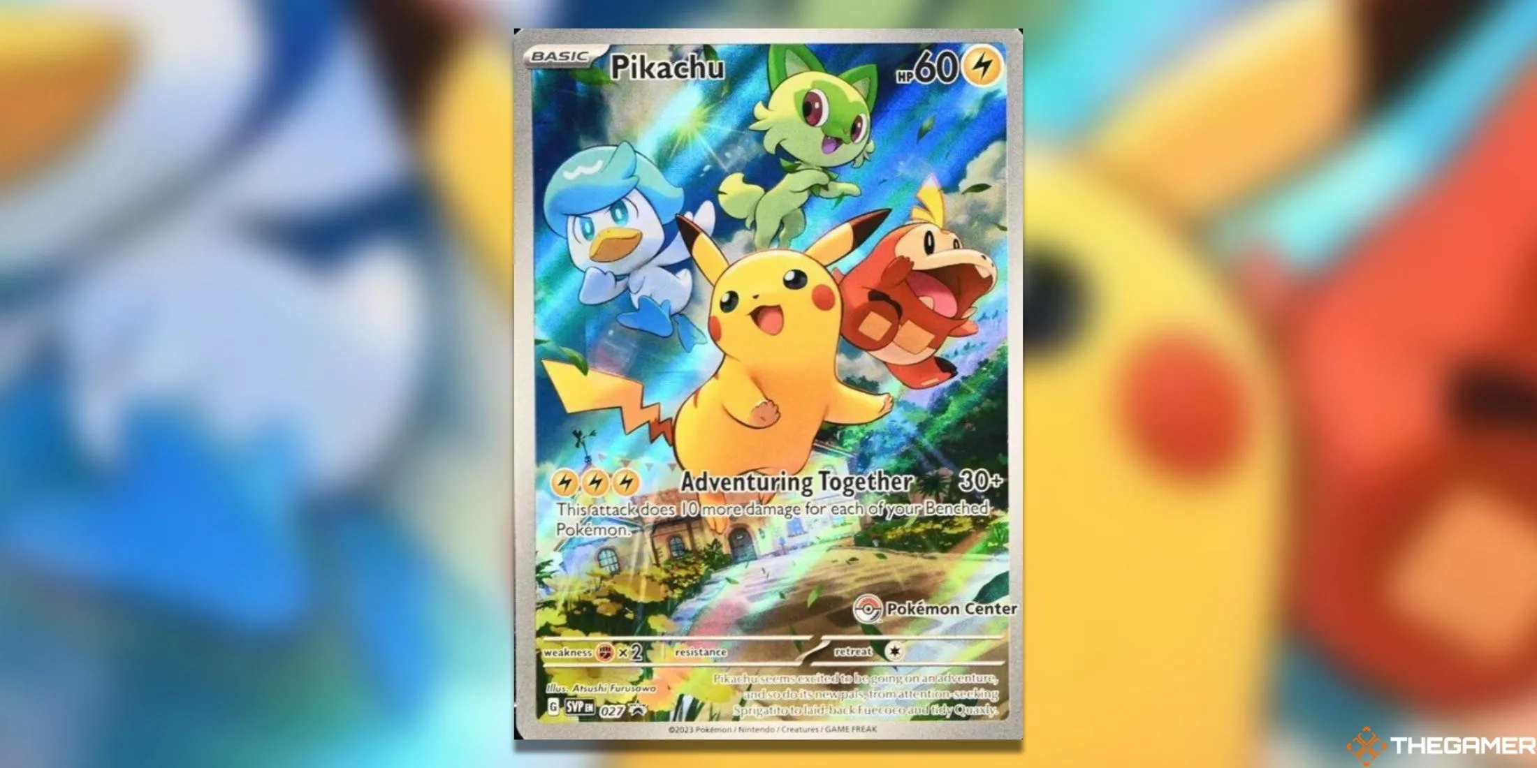 Thẻ Pikachu độc quyền Pokemon Center trong bộ Pokemon TCG Scarlet &amp; Violet, với artwork dễ thương.