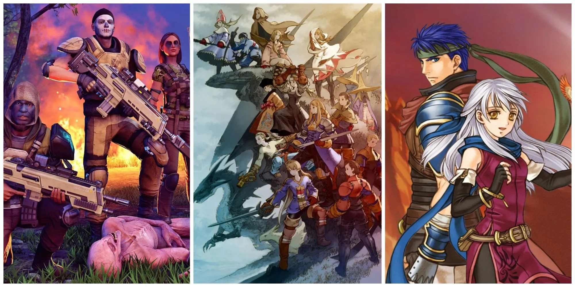 Tổng hợp ba biểu tượng của dòng game chiến thuật RPG: XCOM 2, Final Fantasy Tactics và Fire Emblem Radiant Dawn, đại diện cho những thử thách hấp dẫn