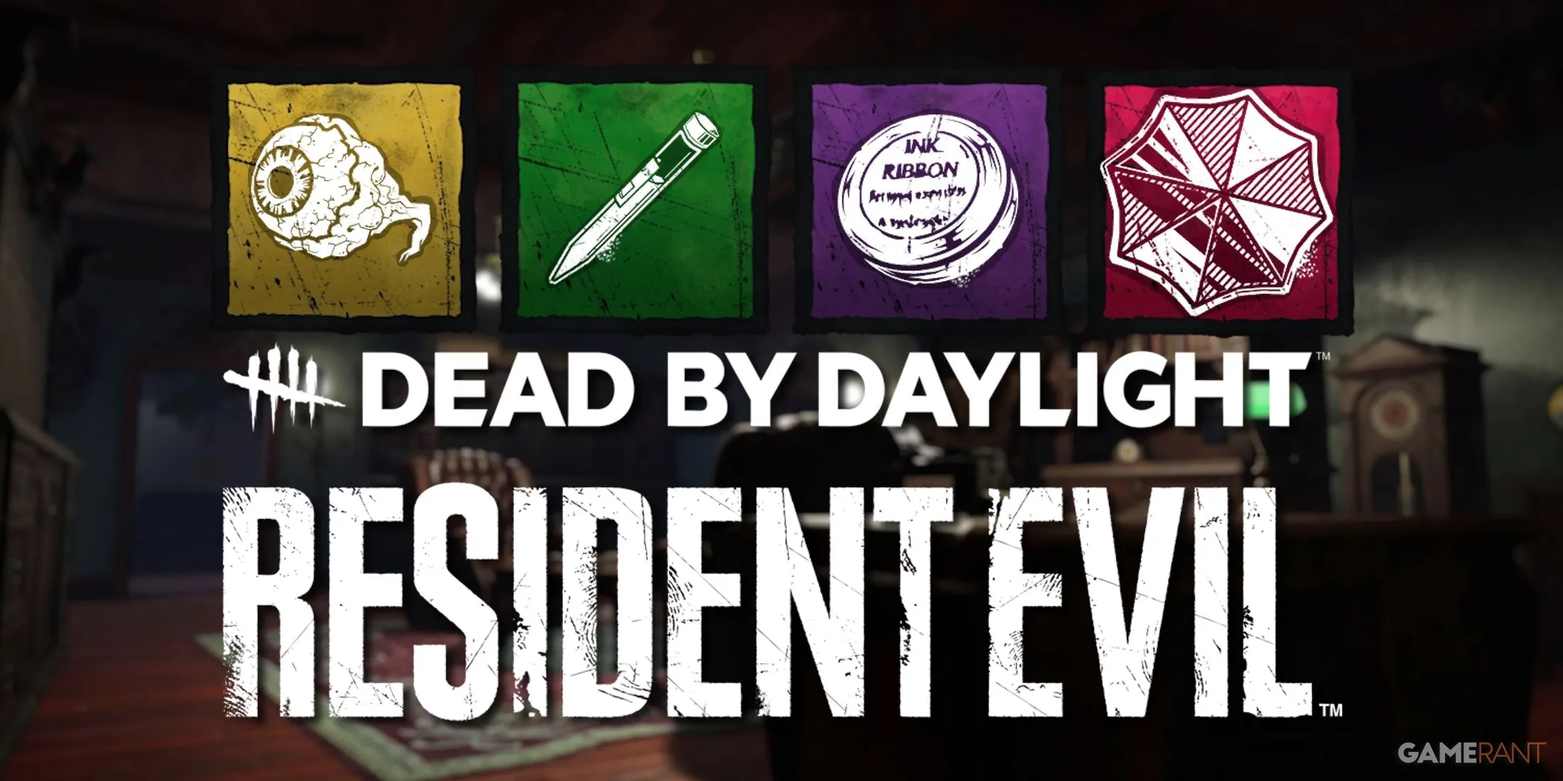 Tổng hợp các phụ kiện (Add-Ons) biểu tượng của Nemesis trong Dead by Daylight, nổi bật trên nền văn phòng RPD quen thuộc từ Resident Evil.