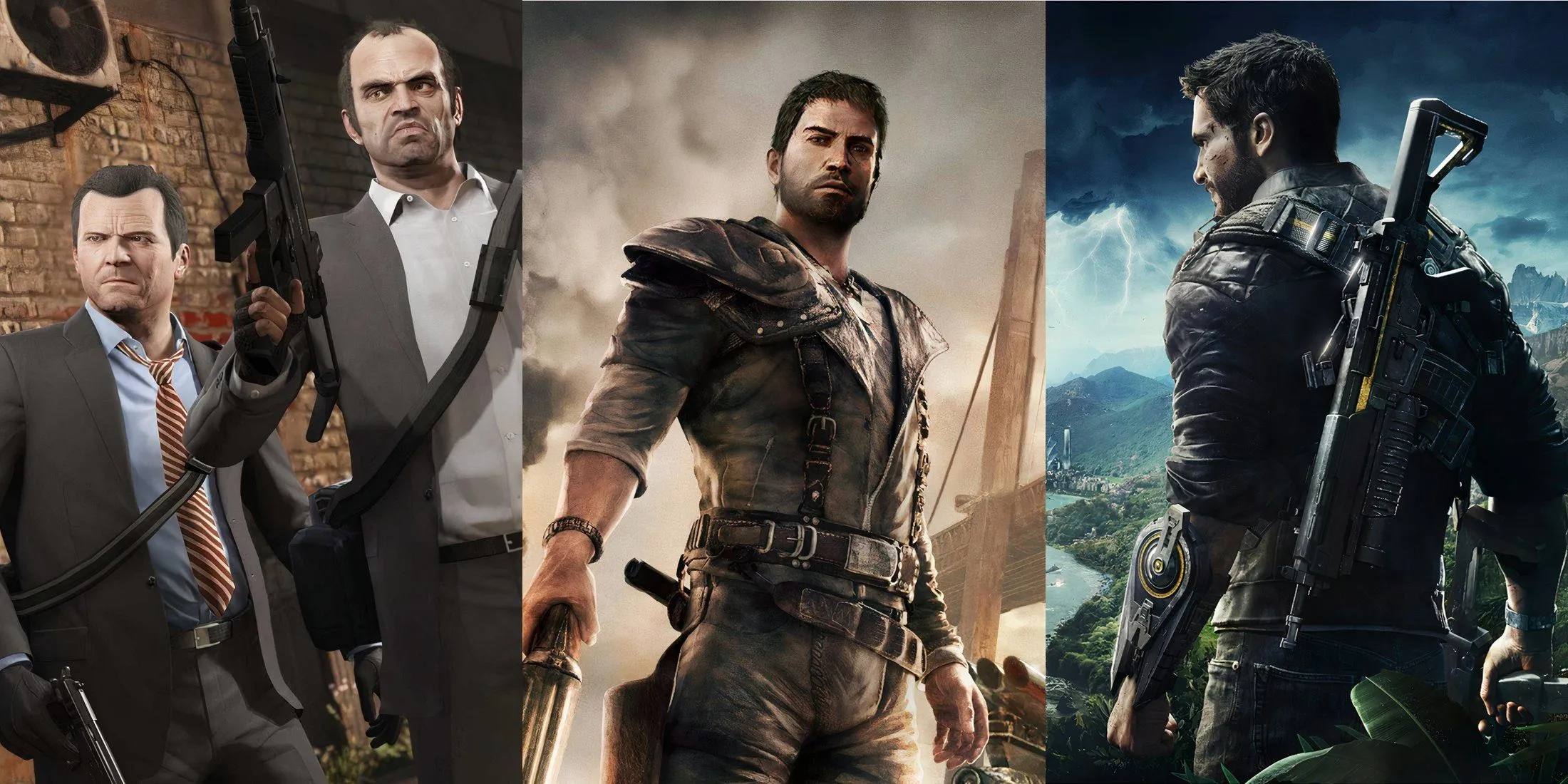 Tổng hợp hình ảnh các tựa game thế giới mở nổi tiếng như GTA 5 và Just Cause 4, nhấn mạnh tính giải trí đa dạng của thể loại.