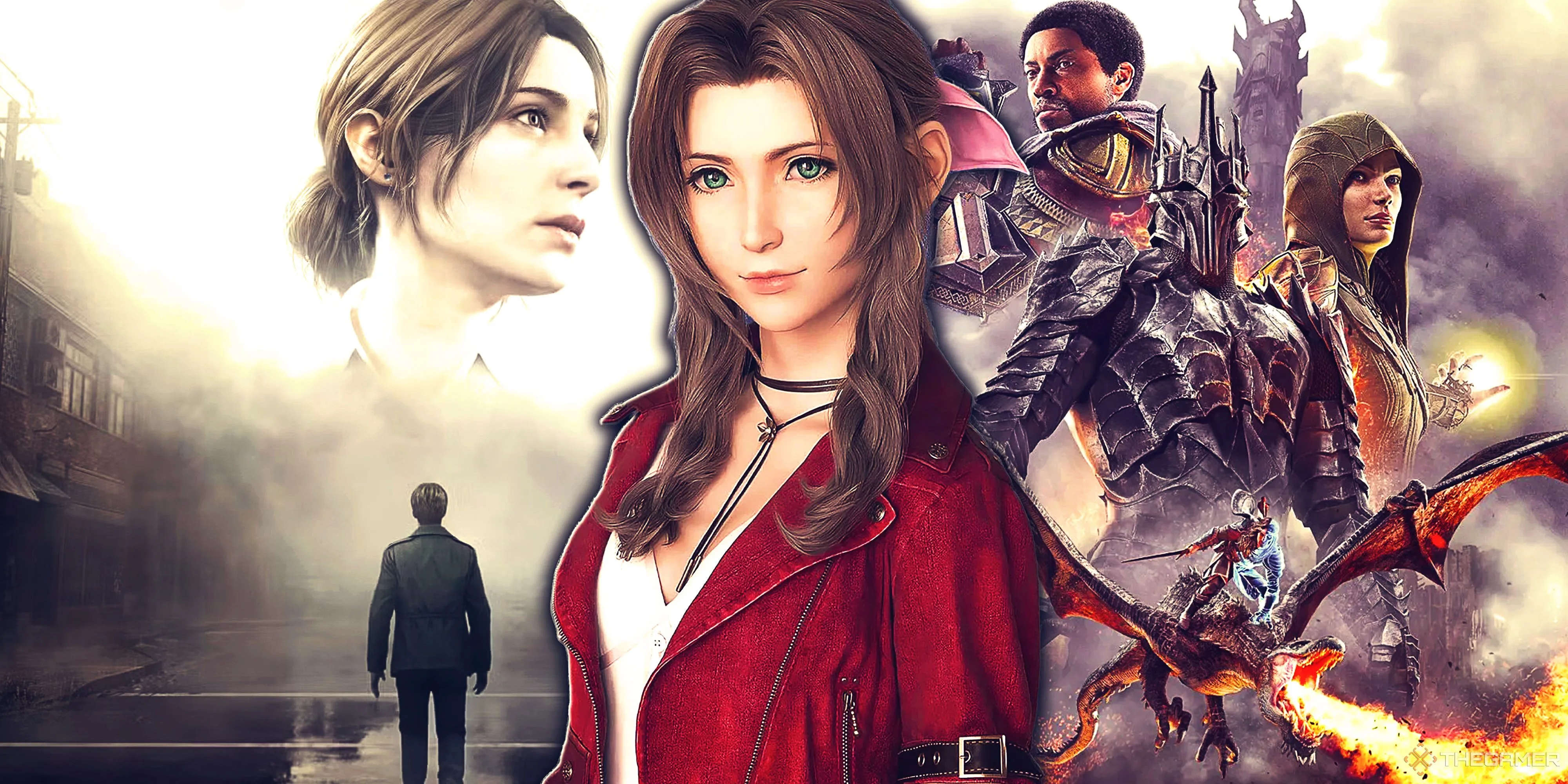 Tổng hợp hình ảnh từ Silent Hill 2 Remake, Final Fantasy 7 Remake (Aerith) và Middle-earth Shadow of War Definitive Edition, đại diện cho các tựa game kinh điển đa thể loại.
