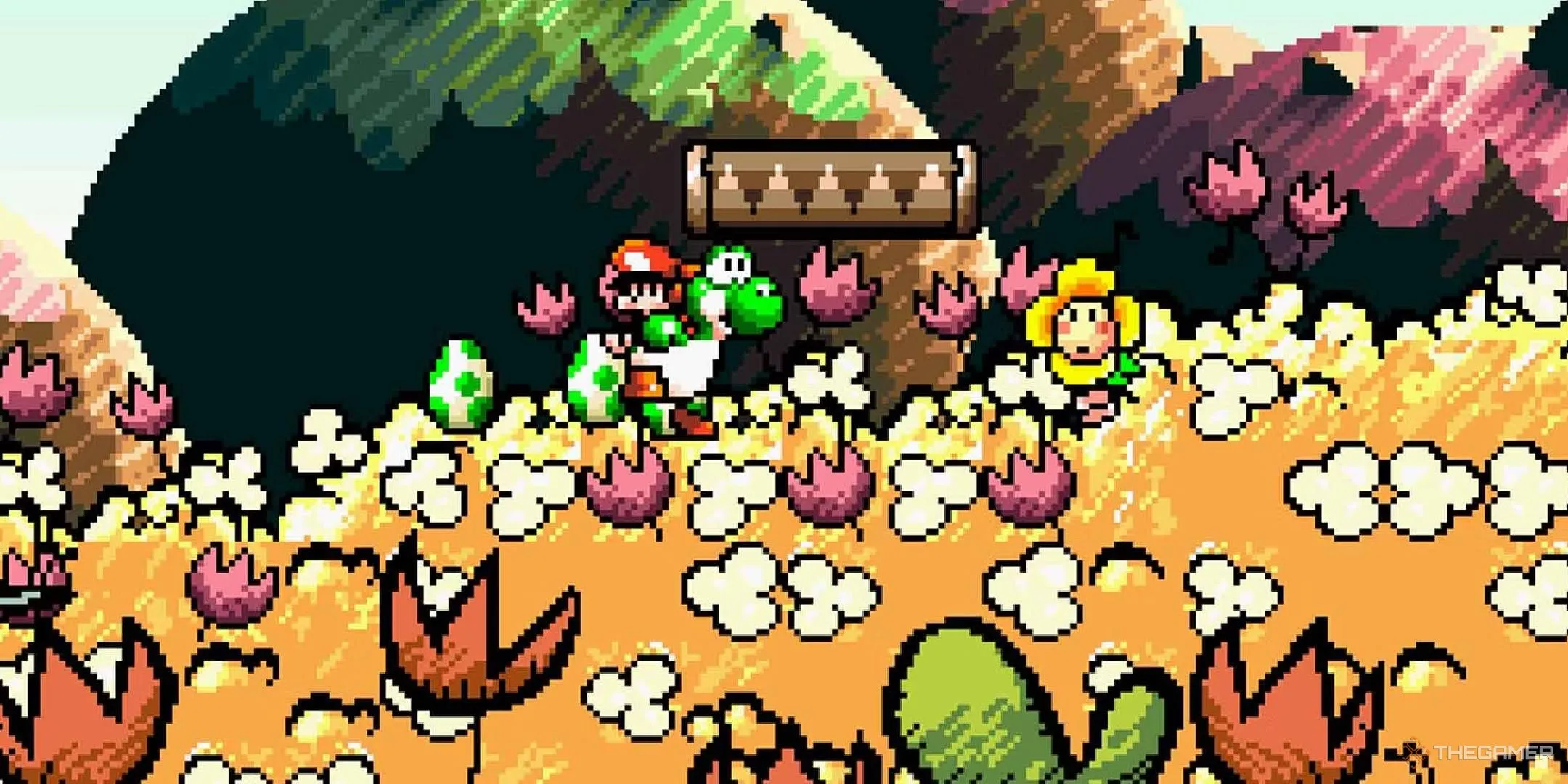 Yoshi mang Baby Mario vượt qua cánh đồng vàng trong Super Mario World 2: Yoshi's Island, game SNES đáng sưu tầm.