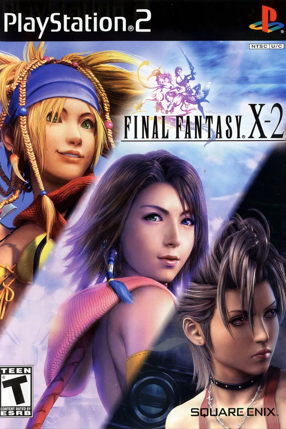 Yuna, Rikku và Paine trong trang phục popstar từ Final Fantasy X-2, với cảnh nền sôi động, thể hiện sự tươi mới và cá tính của bộ ba nhân vật.