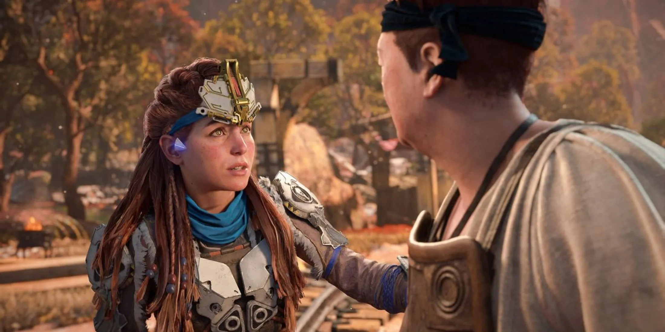 Aloy thực hiện nhiệm vụ phụ cùng một NPC trong Horizon Forbidden West, minh họa vai trò hiện tại của đồng hành