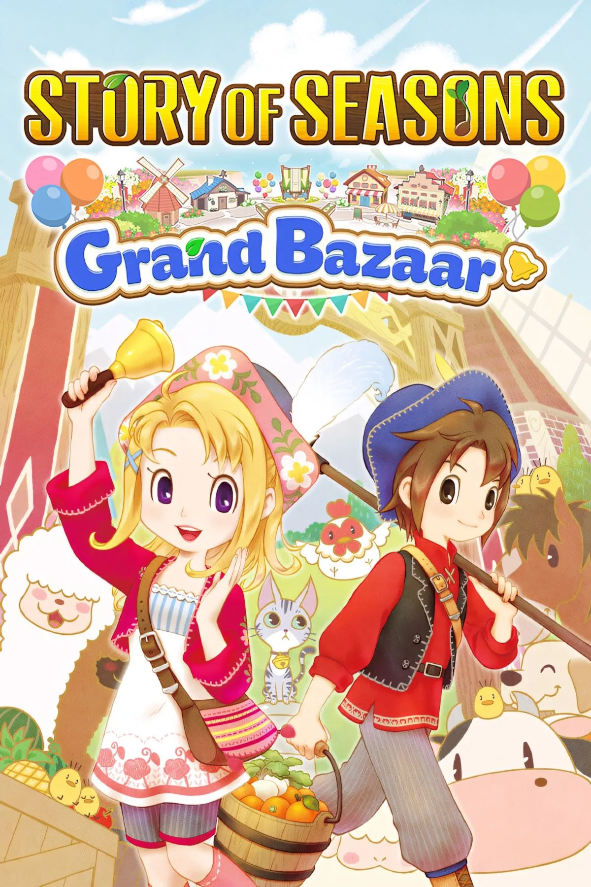 Ảnh bìa chính thức của game Story of Seasons: Grand Bazaar, giới thiệu các nhân vật và phong cảnh nông trại đầy màu sắc.