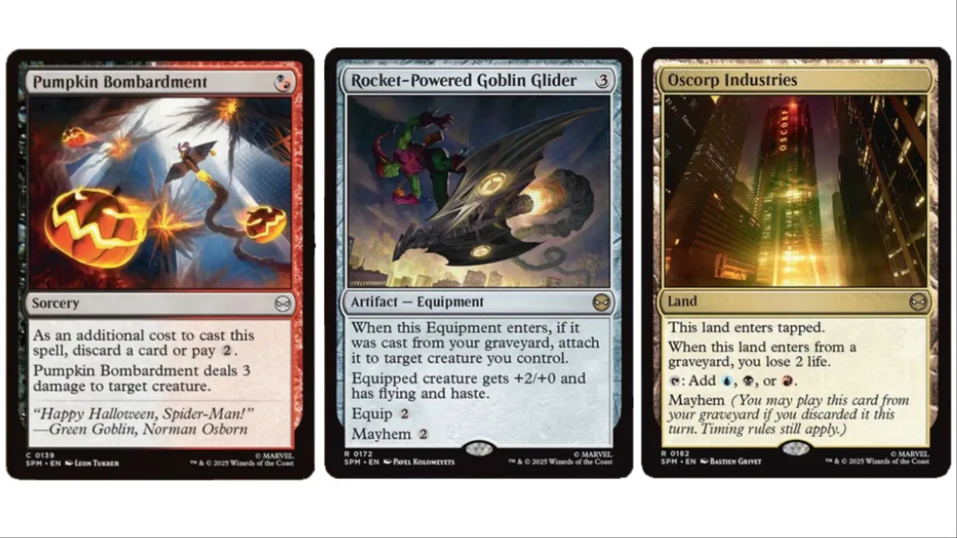 Ba thẻ bài Magic The Gathering mới: Pumpkin Bombardment, Rocket-Powered Goblin Glider và Oscorp Industries của Green Goblin.