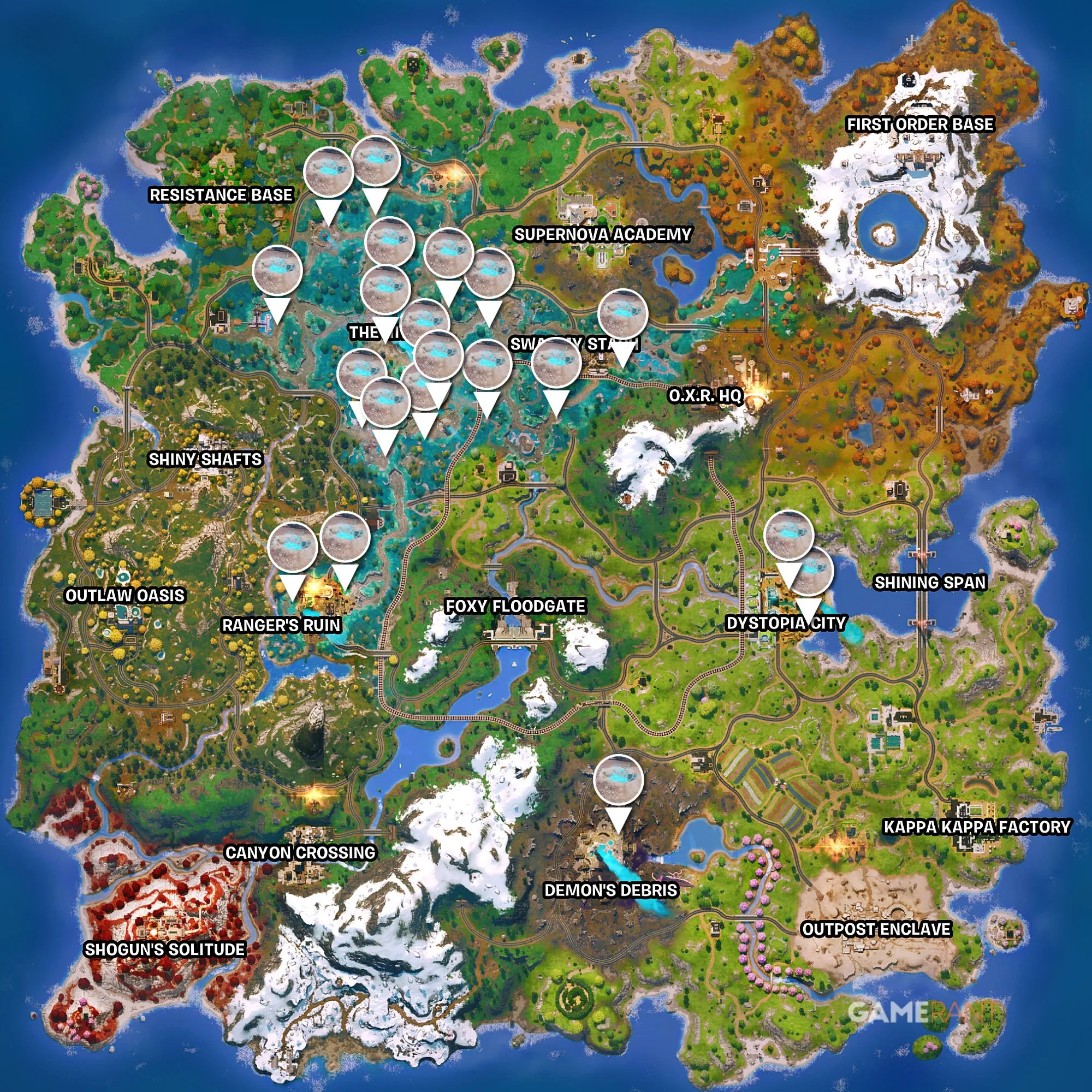 Bản đồ chi tiết hiển thị 20 vị trí Slurp Geysers rải rác trên đảo Fortnite Chapter 6 Season 4, tập trung ở các khu vực bị côn trùng xâm chiếm như The Hive, Swarmy Stash, Ranger's Ruin.