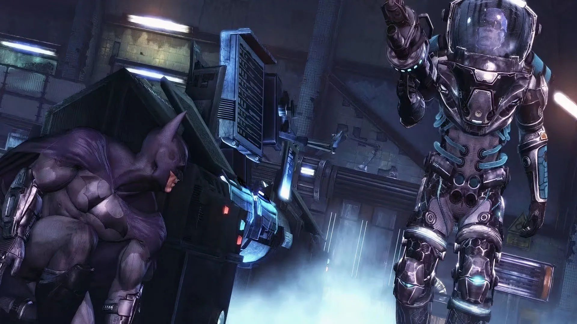 Batman đang ẩn nấp trong trận chiến đầy chiến thuật với Mr. Freeze trong Batman: Arkham City, nơi môi trường đóng vai trò then chốt.
