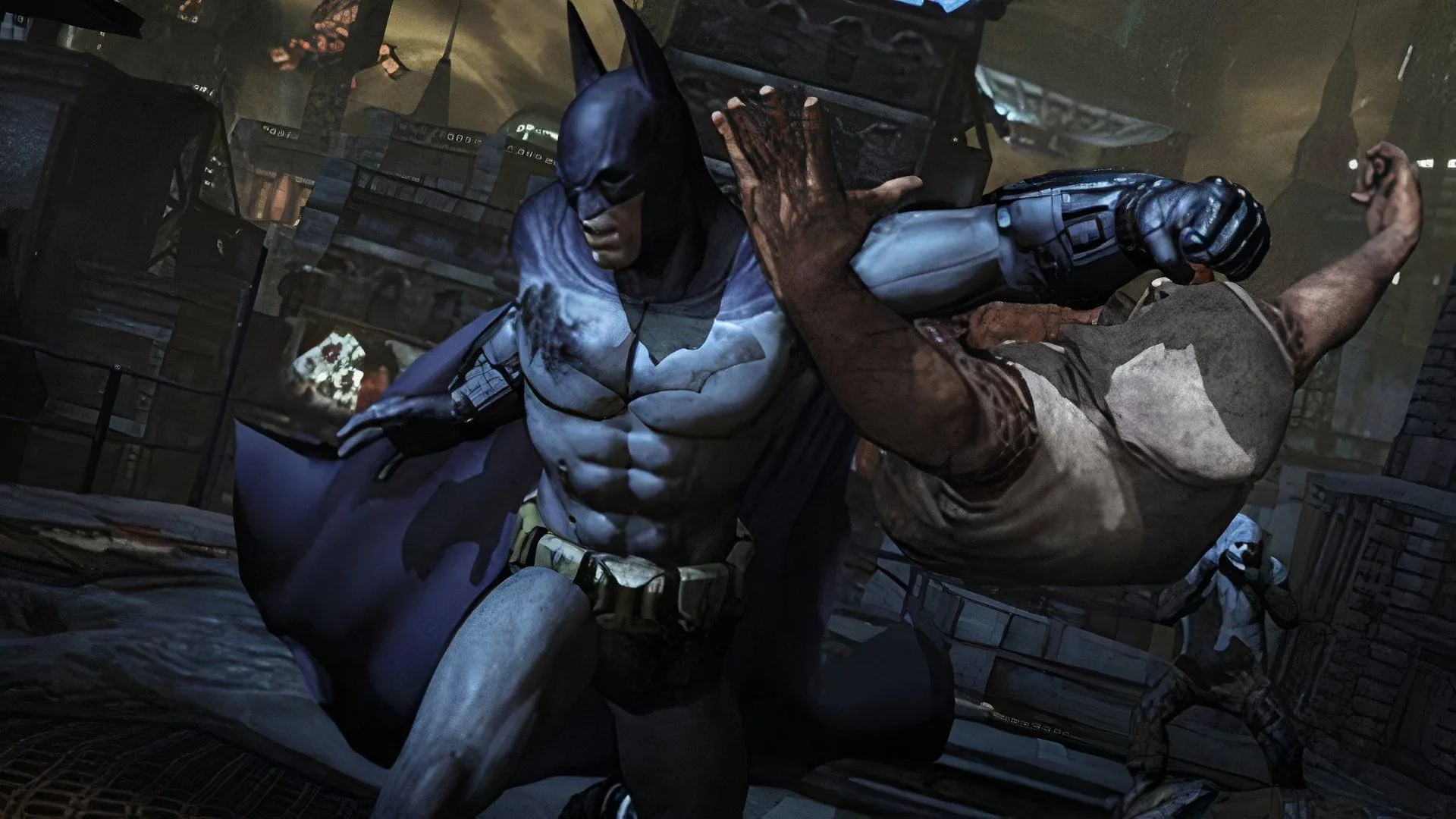 Batman đang thực hiện một đòn tấn công uy lực trong Batman: Arkham City, cho thấy kỹ năng chiến đấu đỉnh cao của Hiệp Sĩ Bóng Đêm.