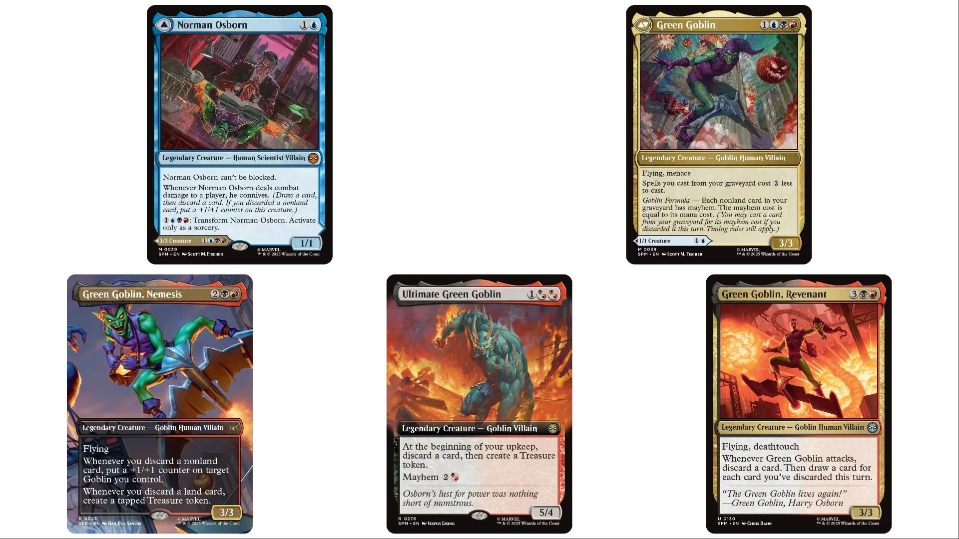 Các phiên bản thẻ bài Green Goblin khác nhau trong bộ Magic The Gathering Spider-Man, bao gồm Norman Osborn.