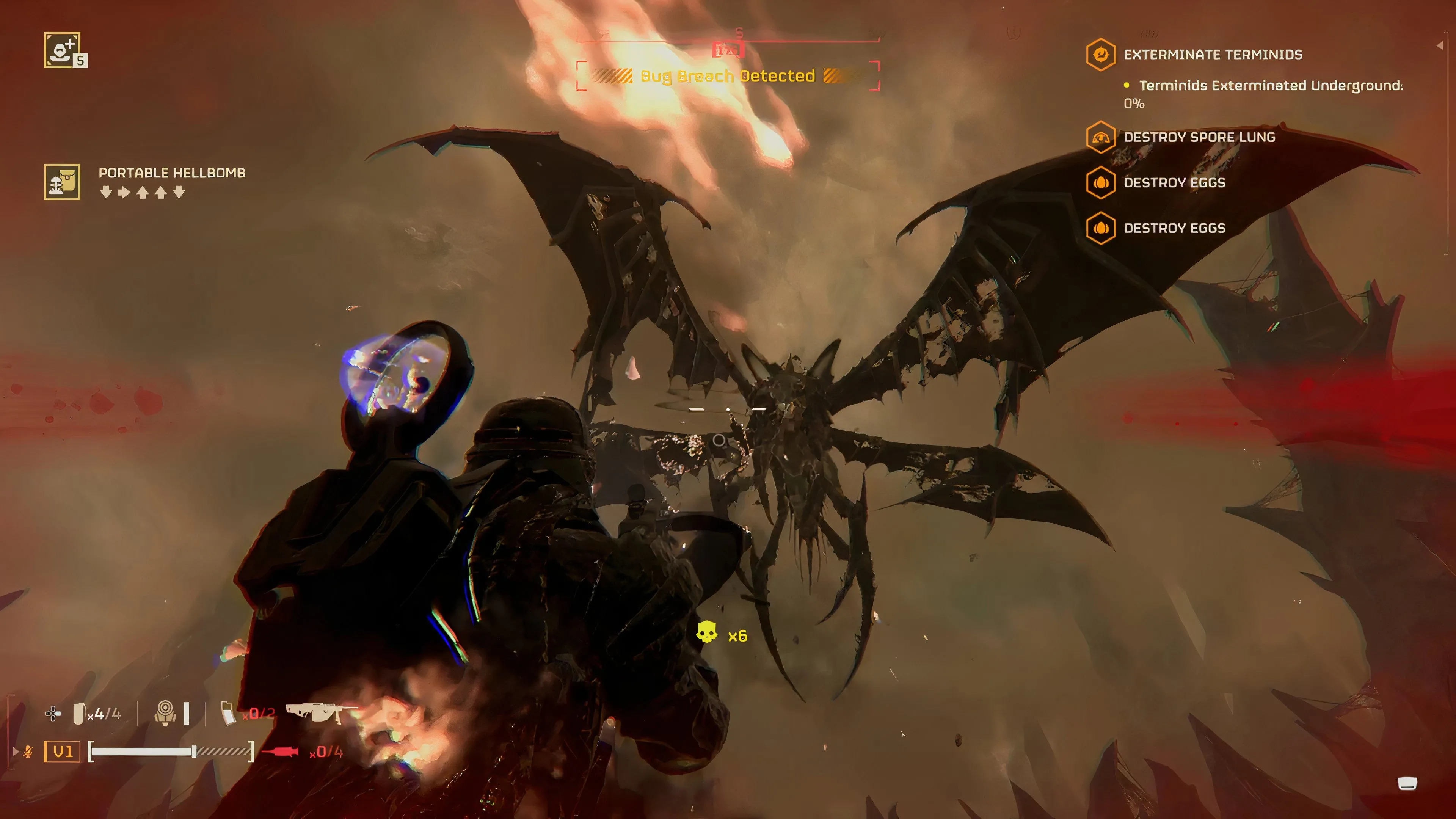 Cánh của Dragonroach Helldivers 2 bị tàn phá bởi hỏa lực hạng nặng, minh chứng cho điểm yếu quan trọng