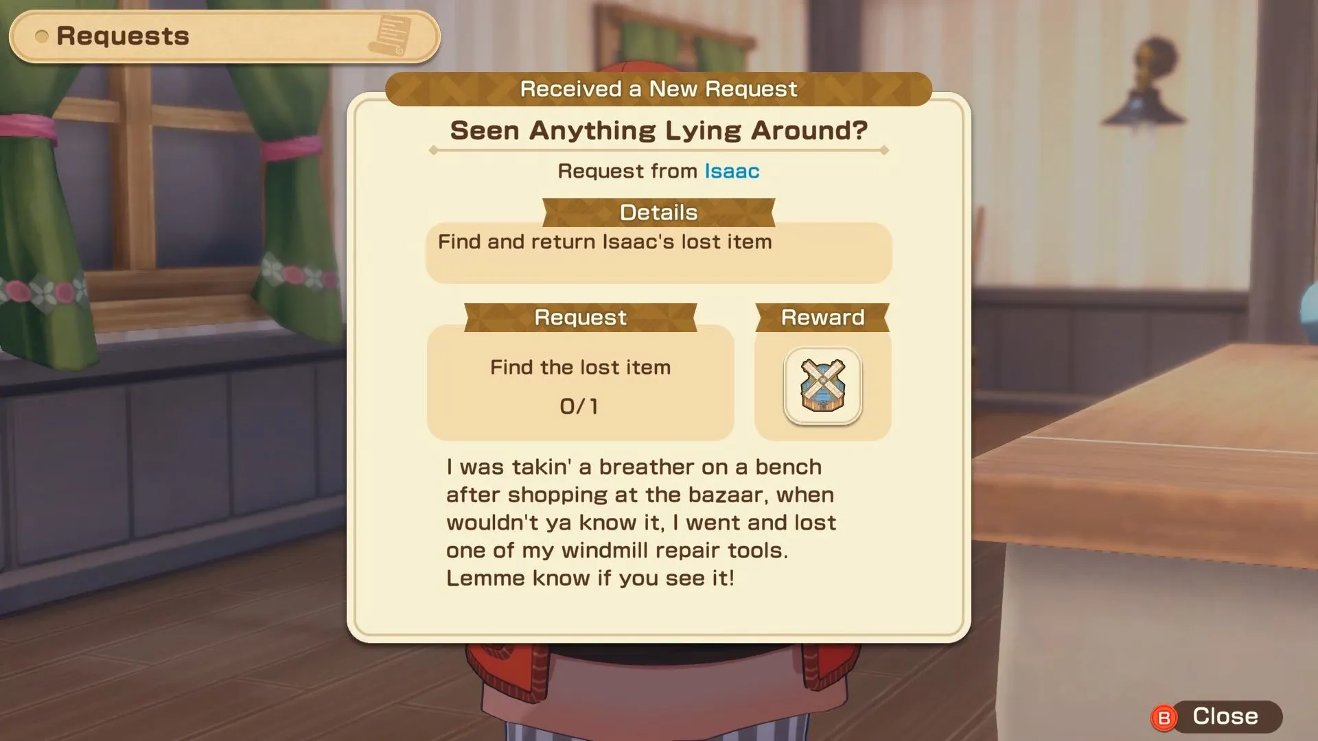 Dấu chấm than xanh trên bản đồ, báo hiệu nhiệm vụ của Isaac trong Story of Seasons Grand Bazaar