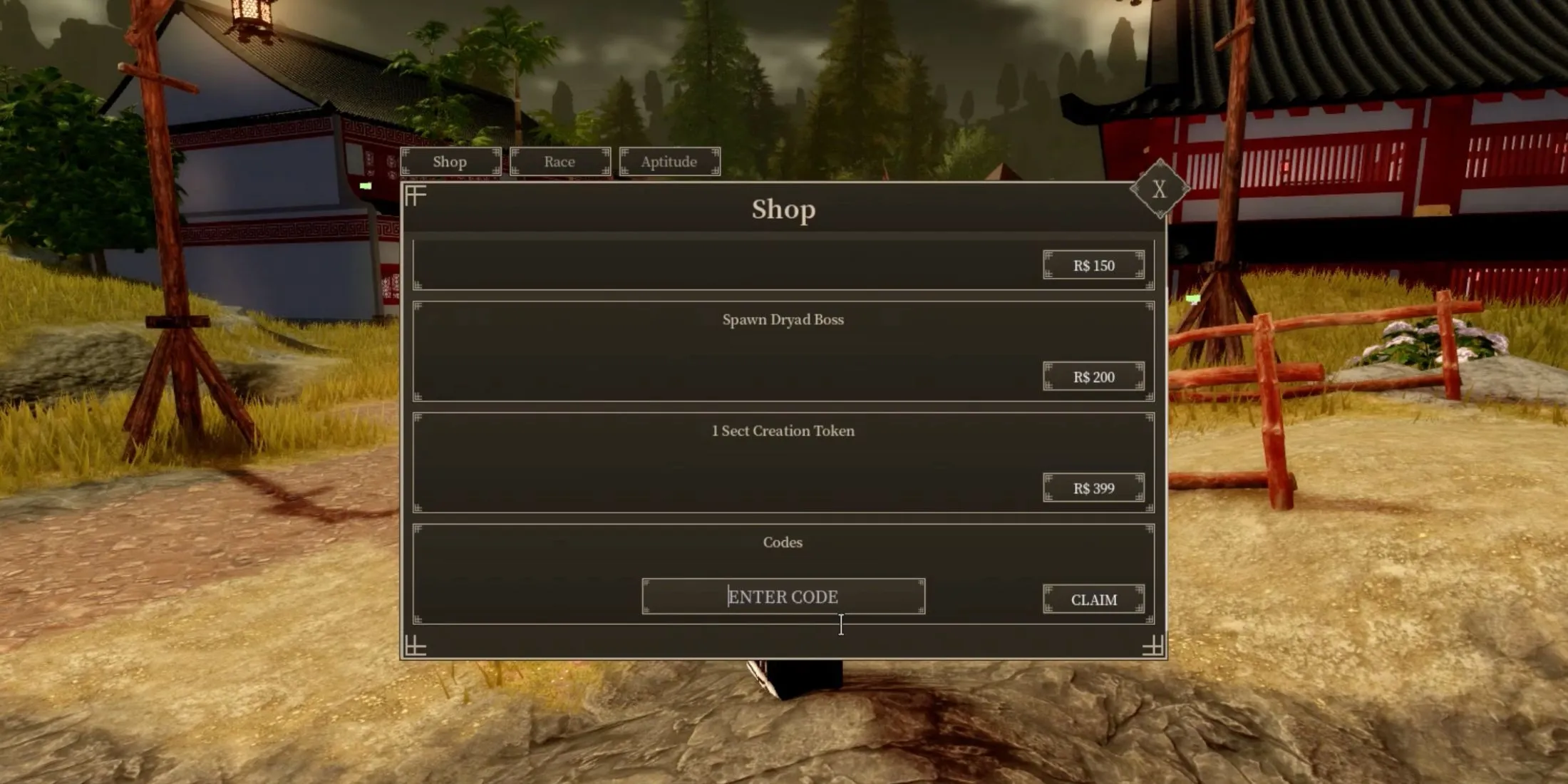 Giao diện nhập code và nhận thưởng trong game Murim Cultivation trên Roblox
