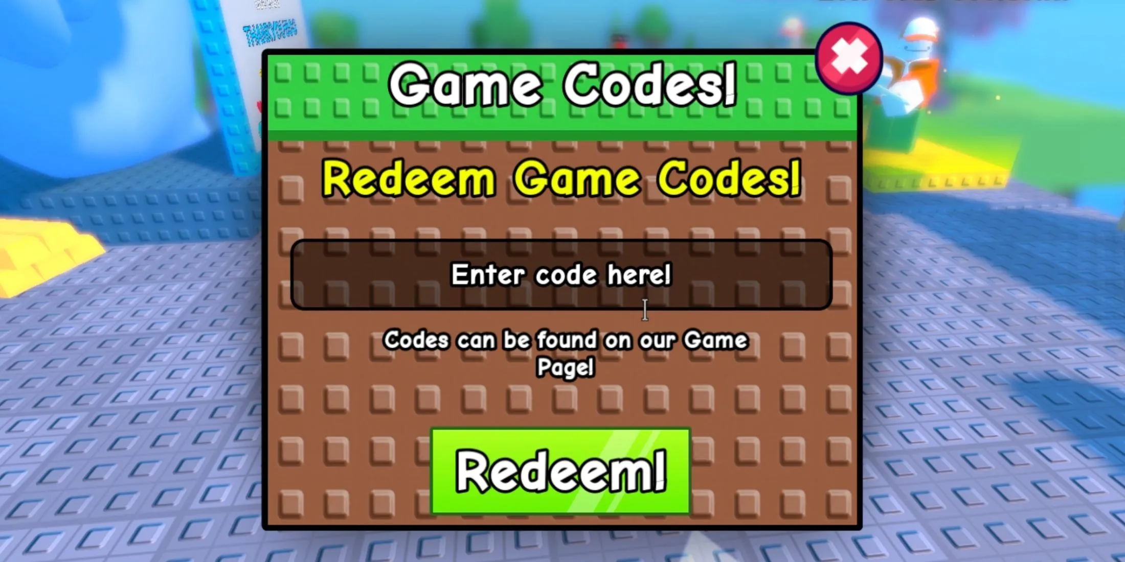Giao diện nhập mã code Stick Battles trong game, nút 'Redeem' nổi bật