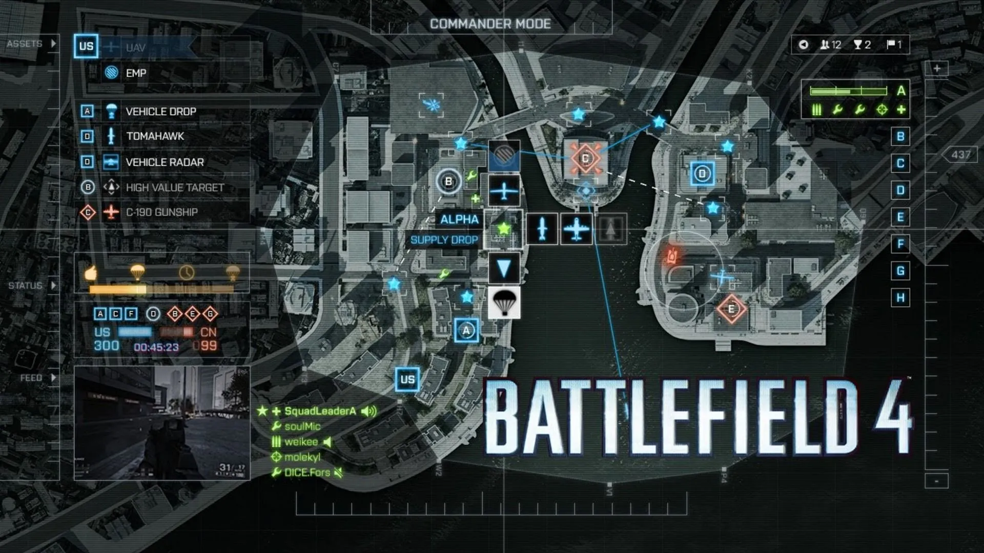Màn hình chế độ Commander Mode trong Battlefield 4, nơi người chơi chỉ huy quân đội từ góc nhìn bản đồ.