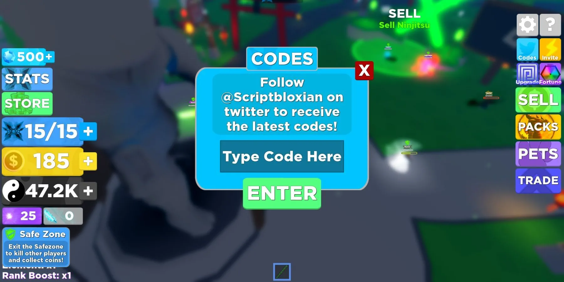 Màn hình nhập mã code trong Ninja Legends