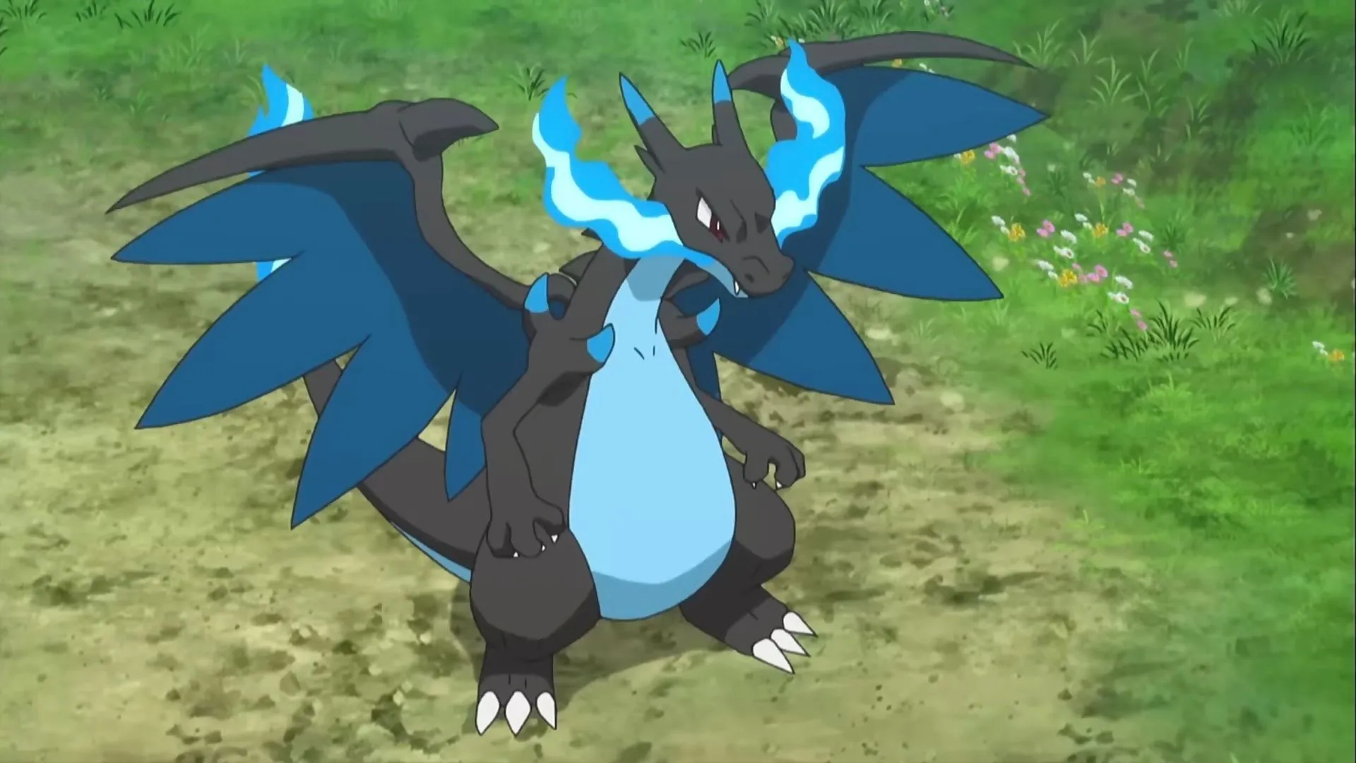 Mega Charizard X trong tư thế dũng mãnh, sẵn sàng khuynh đảo các trận chiến trong Pokemon Unite với sức mạnh bùng nổ.