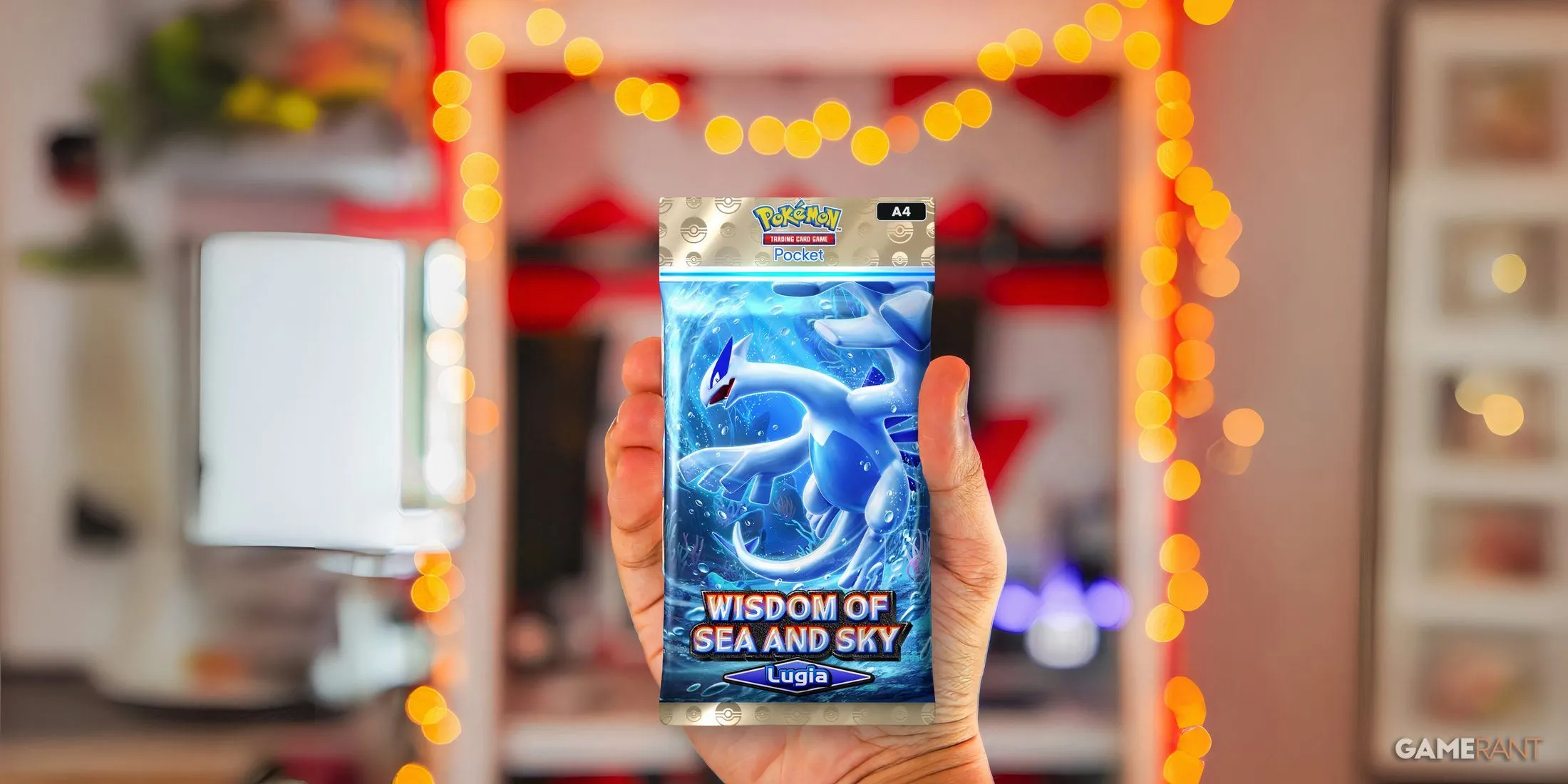Một game thủ đang cầm gói thẻ bài Wisdom of Sea and Sky của Pokemon TCG Pocket với cơ chế +1 thẻ bonus.