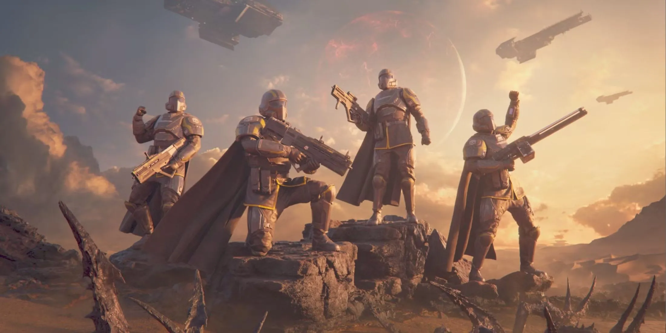 Nhóm Helldivers cùng nhau ăn mừng chiến thắng, phản ánh tinh thần đồng đội và sự bùng nổ của cộng đồng sau khi Helldivers 2 ra mắt trên Xbox.