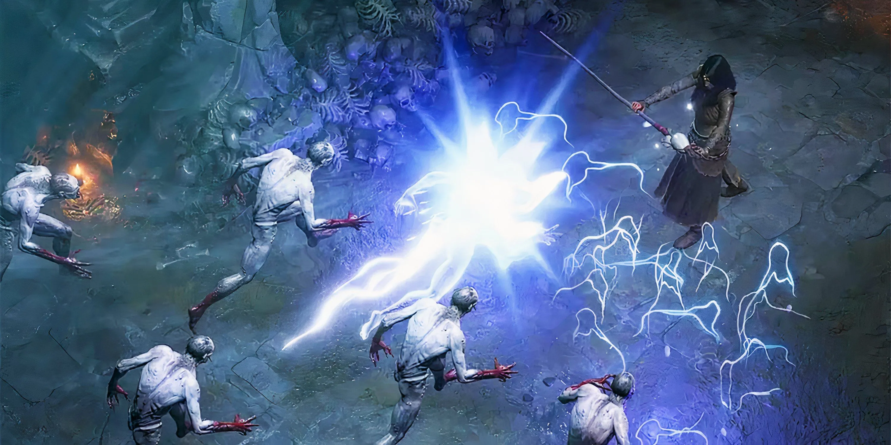 Pháp sư Sorcerer sử dụng kỹ năng tấn công bằng sét (Lightning) đầy uy lực trong Diablo 4, minh họa cho sức mạnh mới của Lightning build ở Season 10.