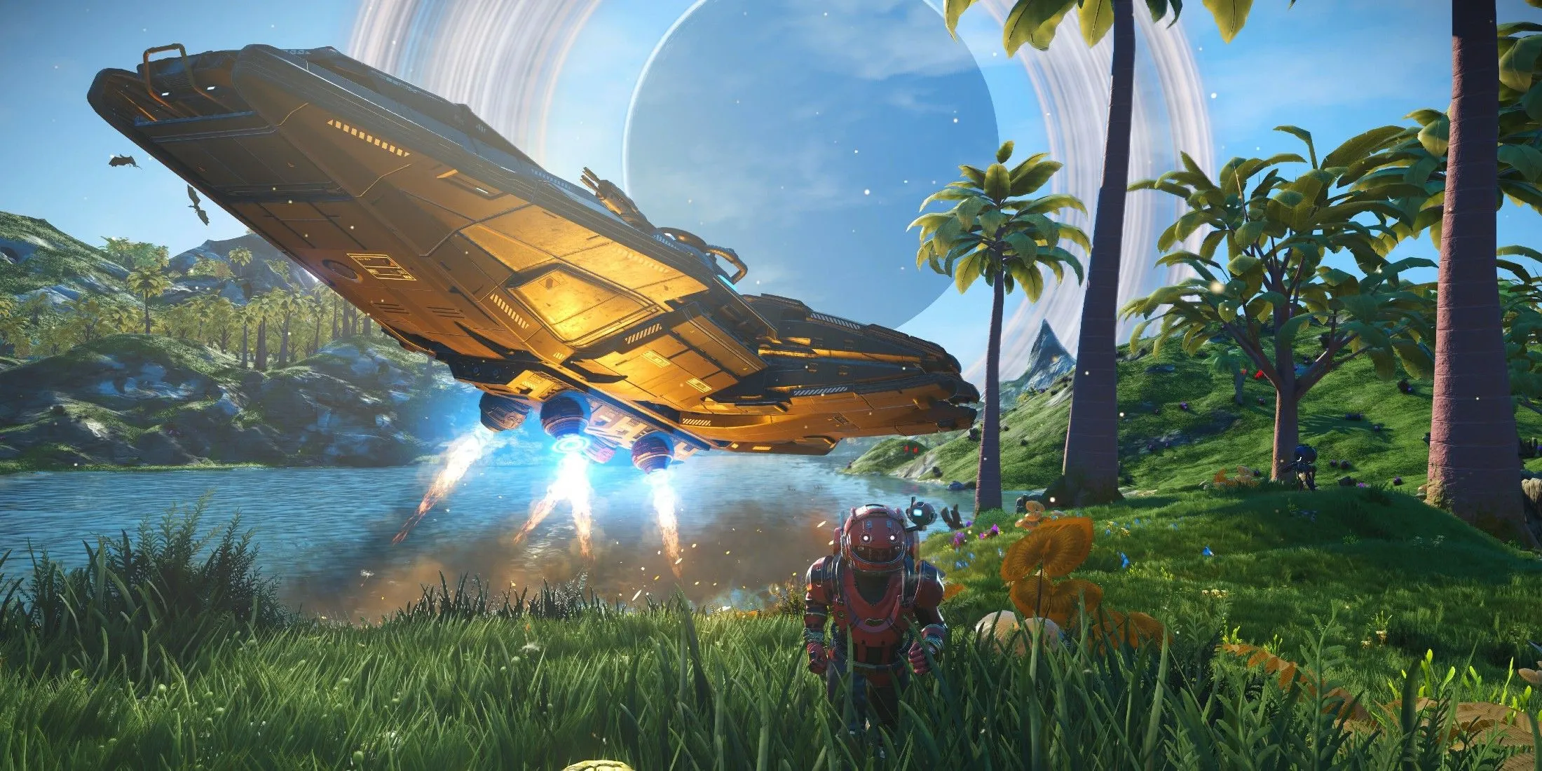 Tàu Corvette của người chơi No Man's Sky bay ngang một hành tinh xanh tươi, minh họa cho những cuộc phiêu lưu không gian sau khi các lỗi tàu đã được khắc phục trong bản cập nhật thử nghiệm.